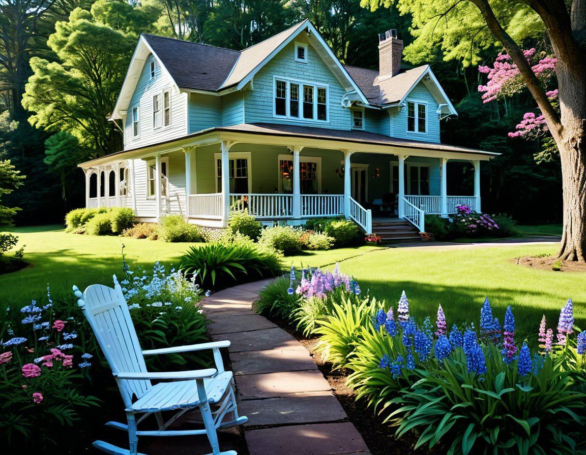 A picturesque view of the Old Crocker Inn nestled in a lush forest, with sunlight filtering through the trees, revealing hidden pathways and vibrant wildflowers in bloom. Include a cozy porch with rocking chairs inviting relaxation. Capture a serene lake nearby reflecting the tranquil landscape, with hints of rustic charm throughout. vintage postcard style. soft pastel colors.