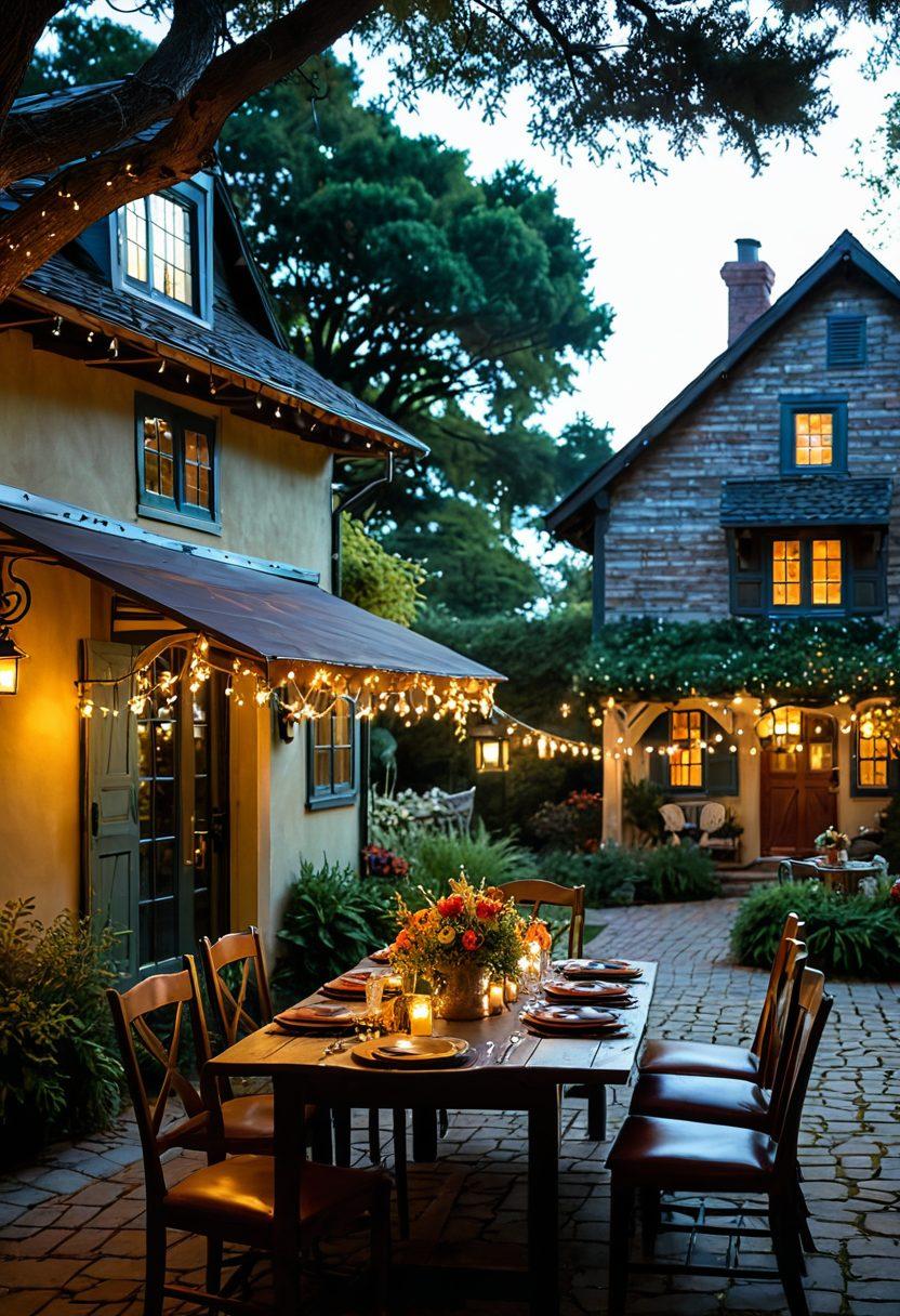 A rustic dining table set for a feast, featuring an array of vibrant, colorful dishes inspired by local flavors, surrounded by lush greenery of the Old Crocker Inn gardens. In the background, a charming historic cottage is seen, with a warm sunset casting a golden glow. Soft fairy lights twinkle above, adding a magical ambiance to the scene. super-realistic. vibrant colors. warm lighting.