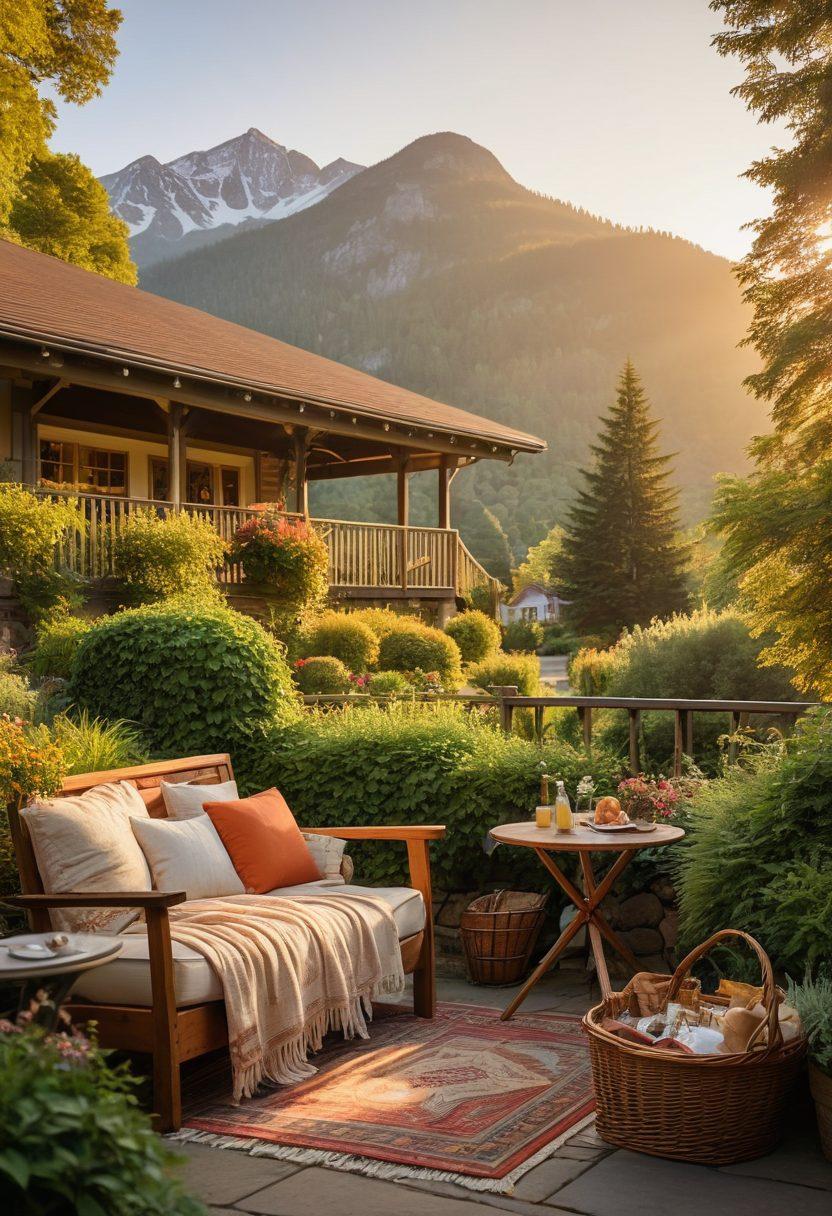 An inviting scene depicting the Old Crocker Inn, surrounded by lush greenery and mountains in the background. Include cozy outdoor seating with a picnic setup, a cheerful family enjoying their getaway, and snippets of travel essentials like a map and camera scattered around. The sun setting in warm tones creates a dreamy atmosphere. super-realistic. vibrant colors. warm lighting.